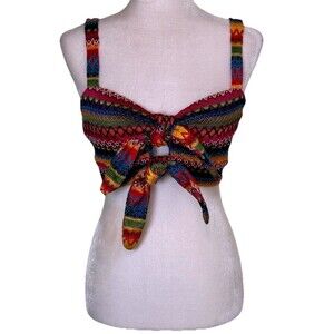 Women Boho Festival Tie Front Crop Top Colorful Woven Strappy Bralette Size XL